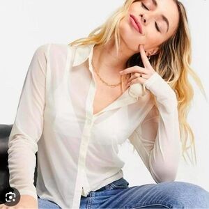 Abercrombie and Fitch Long Sleeve Sheer Mesh Button-Down Collared Shirt - Cream